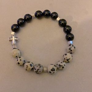 Dalmation Spot Jasper Beads with Black Onyx 7.5 with silver cross